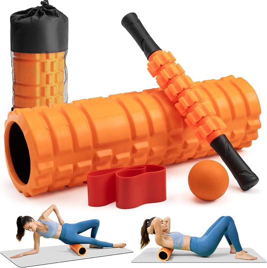 Krightlink 5-in-1 18" Foam Roller Set for Deep Muscle Massage | Foam Roller Back Roller for Fitness Relieves Muscle Pain Myofascial Trigger Point Release Pilates, Yoga (Orange)