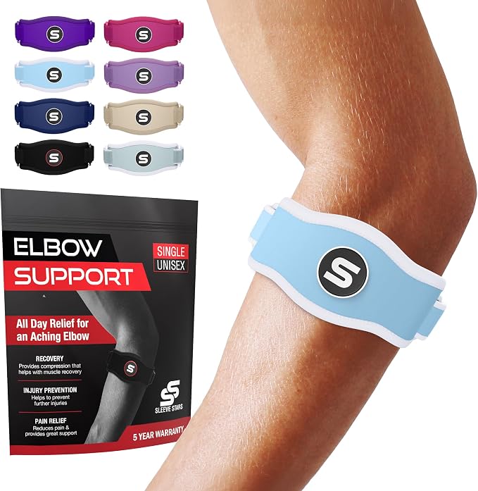 Sleeve Stars Tennis Elbow Brace for Men & Women, Elbow Brace for Tendonitis, Tennis Elbow Strap, Golfers Elbow Brace, Elbow Support Wrap for Tennis Elbow Relief, Fits 9"-23" (Single/Light Blue)