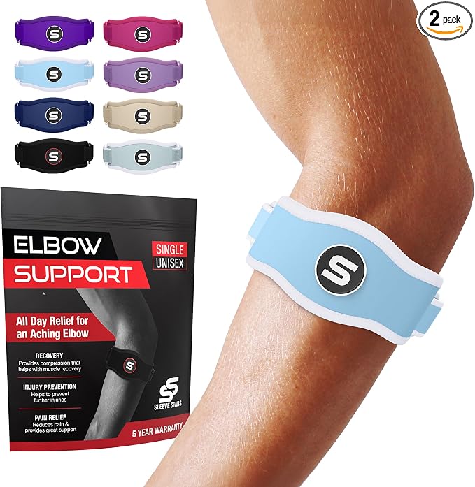 Sleeve Stars Tennis Elbow Brace for Men & Women, Elbow Brace for Tendonitis, Tennis Elbow Strap, Golfers Elbow Brace, Elbow Support Wrap for Tennis Elbow Relief, Fits 9"-23" (Pair/Light Blue)