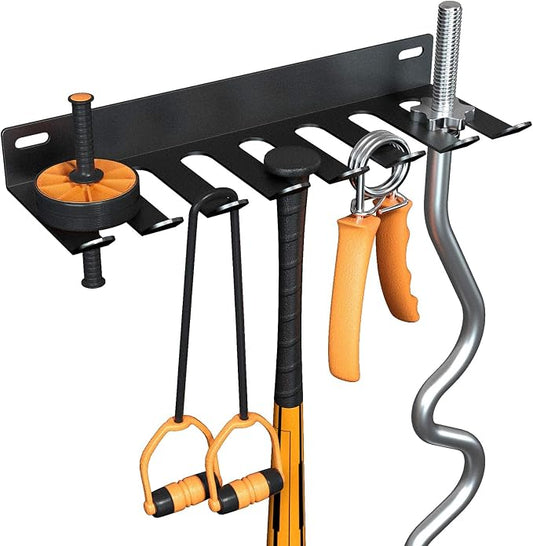 Wall Mount Gym Storage Rack, Heavy Duty Alloy Steel Workout Organizer with Carabiners, Hanging Holder for Yoga Mat Foam Roller Resistance Bands Jump Rope, Black