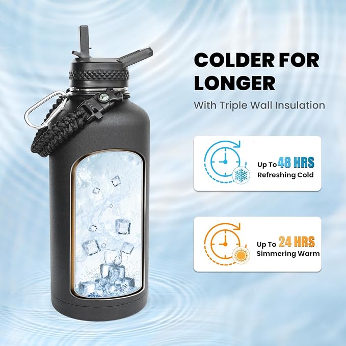 RAYMYLO Insulated Water Bottle 87 oz, Triple Wall Vacuum Stainless Steel (Cold for 48 Hrs), Leak Proof & Non-BPA, Modern Water Flask Jug with Paracord Handle & Straw Spout Lids, Magic Black | Cold for 48 Hrs), Leak Proof & Non-BPA, Modern Water Flask J...