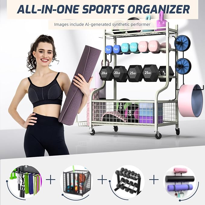 PLKOW Dumbbell Rack, Weight Rack for Dumbbells, Home Gym Storage for Dumbbells Kettlebells Yoga Mat and Balls, All in One Workout Storage with Wheels and Hooks, Powder Coated Finish Steel