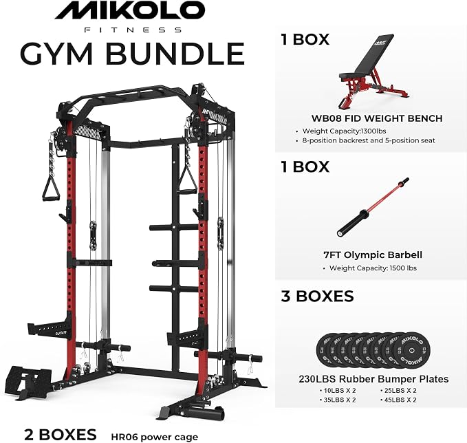 Mikolo HR06 Power Cage with Aluminum Pulleys, 2000LB Power Rack with Independent Dual Pulley System, Multi-Function Home Gym Workout Machine for Cable Crossover