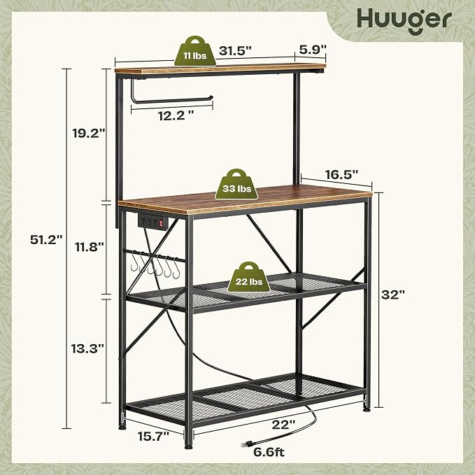 Huuger 4-Tier Bakers Rack with Reversible Power Outlet, 31.5 Inch Microwave Stand, Kitchen Coffee Bar, with Top Shelf, 6 S Hooks, Rustic Brown
