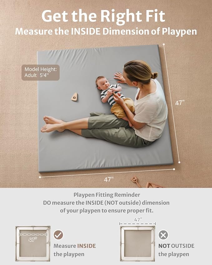 Blissful Diary Vegan Leather Baby Play Mat, 47''x47'', Light Gray | thick cushion, safe and soft fabric, waterproof and wip clean, indoor use, non-slip bottom, stylish mordern decor