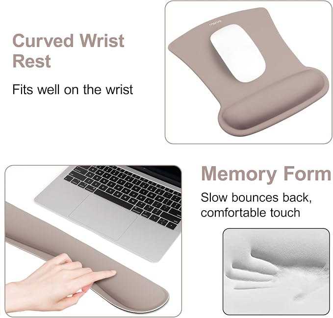 MOSISO Wrist Rest Support for Mouse Pad & Keyboard Set, Ergonomic Mousepad Non-Slip Base Home/Office Pain Relief & Easy Typing Cushion with Neoprene Cloth & Raised Memory Foam, Taupe Brown