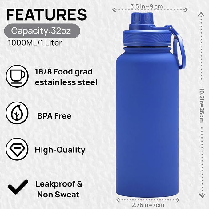 32 oz Insulated Metal Mens Water Bottle | Blue, Stainless Steel, 1 Liter, Leakproof, 2 Lids, Large Sports Water Bottle for Gym,Hiking
