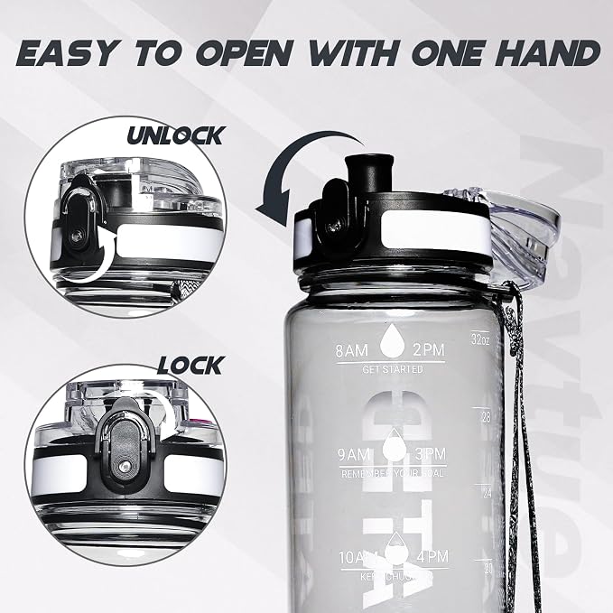 Water Bottle 32 oz Motivational Time Marker Tritan Bottle | BPA-free Tritan water bottle with time marker leakproof Lightweight portable Easy Clean Brush for Gym, Travel, School, Office