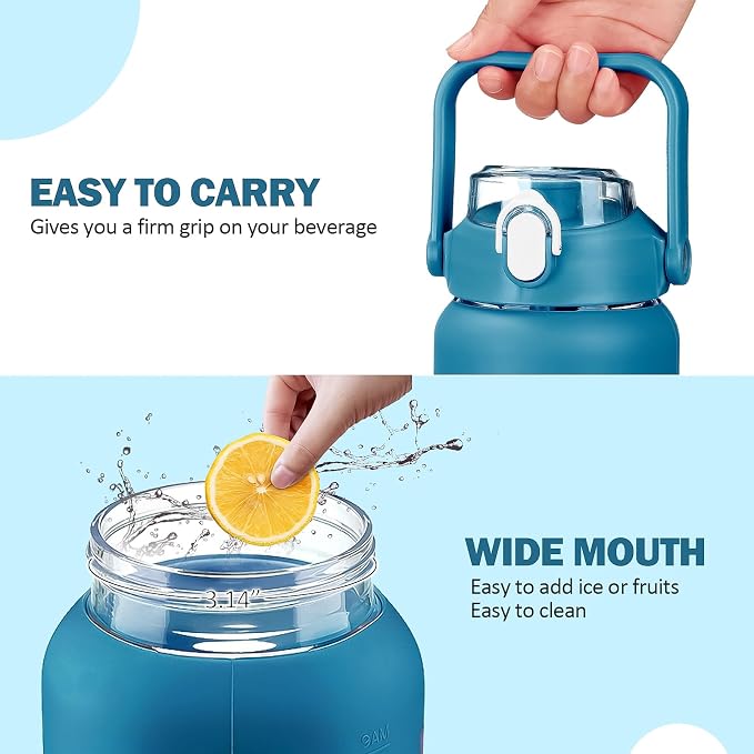 56oz Glass Water Bottles with Straw, Motivational Glass Bottle with Silicone Sleeve and Time Marker, Leakproof Large Glass Water Jug for Gym Home Office,Iron Blue