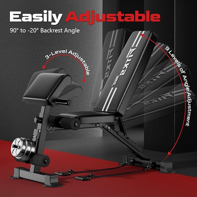 3-in-1 Adjustable Weight Bench with Leg Extension & Preacher Curl, Heavy-Duty 700LB Foldable Utility Bench for Full Body Workout, No-Installation Portable Incline/Decline/Flat Strength Training Bench for Home Gym