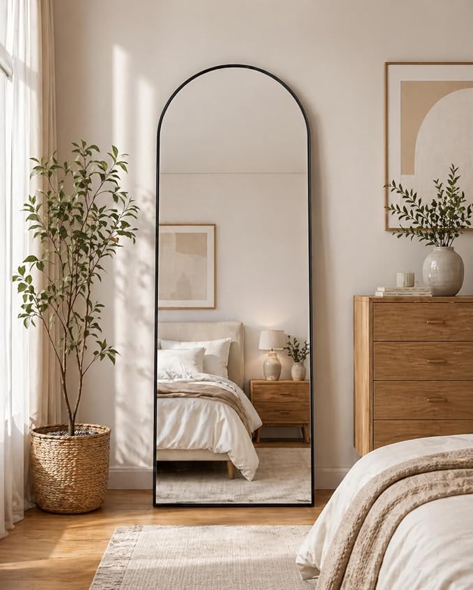 Full Length Mirror, 58.5"x18" Arched Floor Mirror Freestanding, Floor Standing Full Body Mirror with Stand for Bedroom, Hanging Mounted for Living Room Cloakroom (Black, 58.5" L x 18" W)