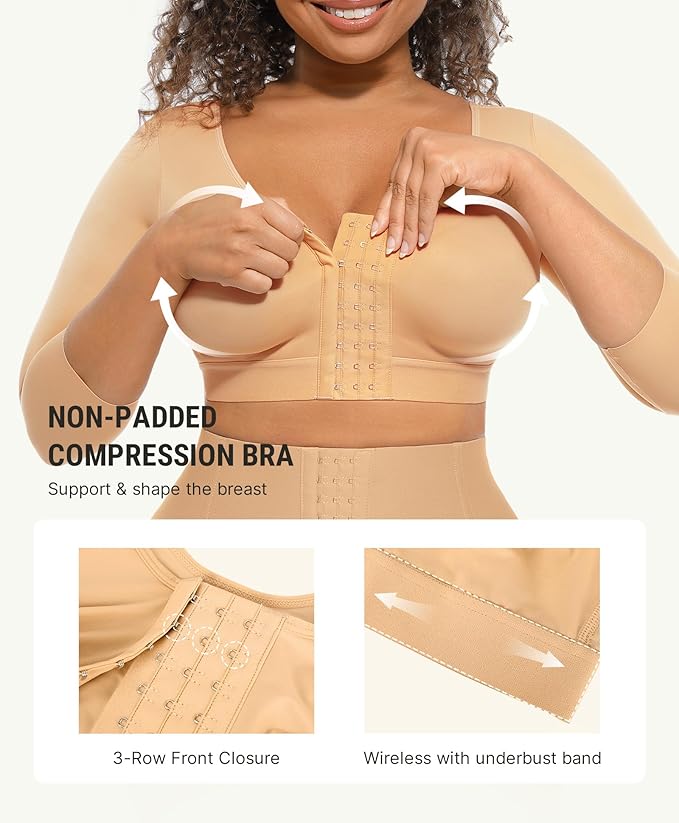 FeelinGirl Arm Compression Sleeve Women Post Surgery Front Closure Bra | Arm Lipo Compression Garment, Seamless Arm Shaper for Flabby Arms, Lymphedema Compression, Breast/Back Support
