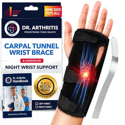 Dr. Arthritis Nighttime Pain Relief Wrist Brace for Carpal Tunnel, Tendonitis, Arthritis | Fits & Soothes Aches in Both Hands | Palm Cushion Beads for Hot Spots | Breathable Fabric (1 Pack - Black)
