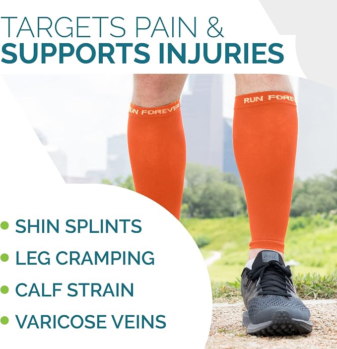 Run Forever Calf Compression Sleeve for Men & Women, 20-30mmHg Compression | Leg Sleeve for Shin Splints, Varicose Veins, Swelling & Pain Relief | Footless socks for Running, Cycling & Travel
