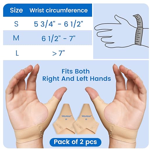 Velpeau Thumb Compression Sleeve for Tendonitis (Pack of 2), Seamless Technology, Gloves Wraps for Arthritis Pain Relief for Women & Men, Splint Liner, Fits Both Hands (Khaki, Short Version, S)