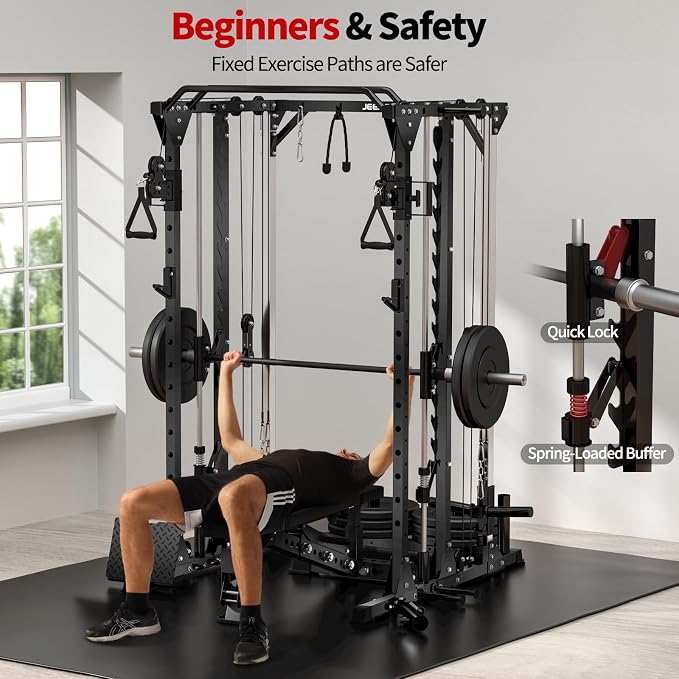 JEEKEE Power Cage with Cable Crossover System, 2000LB Multi-Function Power Rack with Independent Dual Pulleys, LAT Pulldown Seat Cushion, 20+ Attachments Squat Rack for Home Gym Workout,Black