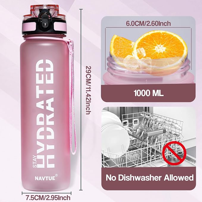 Water Bottle 32 oz Motivational Time Marker Tritan Bottle | BPA-free Tritan water bottle with time marker leakproof Lightweight portable Easy Clean Brush for Gym, Travel, School, Office