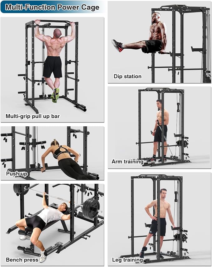 ULTRA FUEGO Power Cage, Multi-Functional Power Rack with J-Hooks, Dip Handles, Landmine Attachment and Optional Cable Pulley System for Home Gym