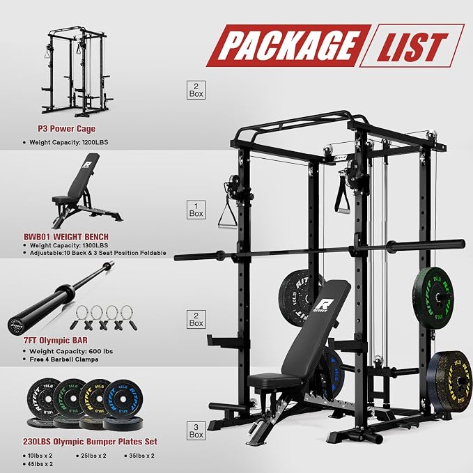 RitFit Power Cage Home Gym Package with Cable Crossover System | 1200LBS Power Rack, Weight Bench, Olympic Barbell & 230LBS Bumper Plates — All-in-One Home Gym