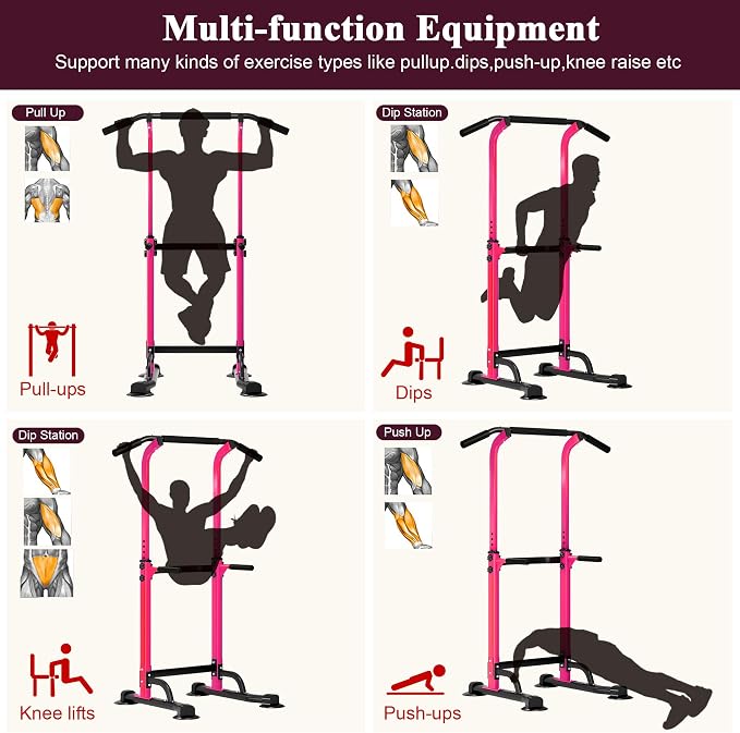 DlandHome Power Tower Pull Up Bar Dip Station,Adjustable Height Dip Stand | Multi-Function Fitness Equipment for Strength Training Home Gym,Stable Steel Frame for Pull Ups Dips Push Ups,Supports 330LBS