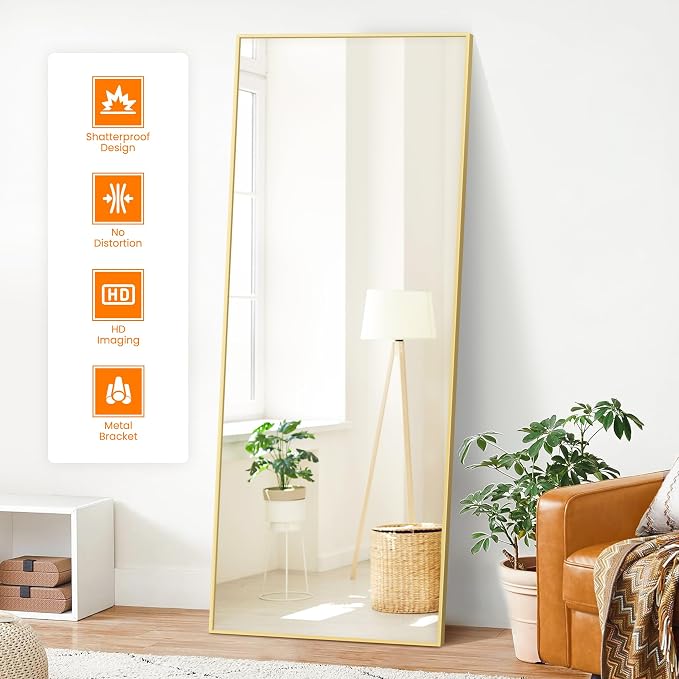 TRAHOME Full Length Standing Mirror, 70"x24" Gold Full Body Mirror with Aluminum Alloy Frame, Free Standing or Wall Mount for Bedroom, Living Room, Dressing Room