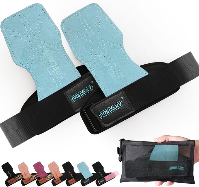 Frelaxy Lifting Wrist Straps for Women and Men, Weight Lifting Grips | Double-layer leather, Cushioned wrist support, Durable construction, Storage pouch, Deadlifts, rows, lat pulldowns