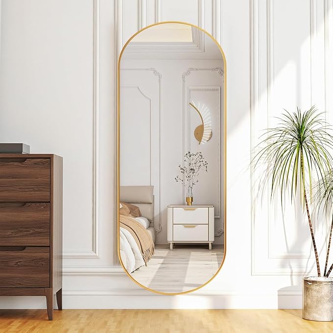 ZHUNFA Arched Full Length Floor Mirror, 64×21 Oval Full Floor Mirror | Large Wall Mounted Arched-Top Body for Living Room, Bedroom, Bathroom, Entryway, Dressing Room, gold