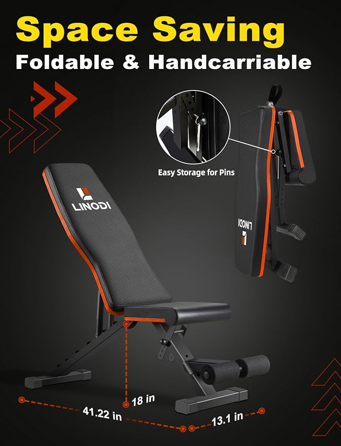LINODI Adjustable Weight Bench for Home Gym & Full Body Workout | Foldable Incline Decline Flat Workout Bench for Full Body Strength Training, Dumbbell Press & Ab Exercises
