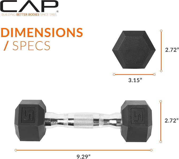 CAP Rubber Coated Dumbbell Weights, Free Weights for Home Gym Strength Training, Anti-Roll Hex Dumbbells with Black, Chrome & Comfort Grip Handles, Pairs & Sets