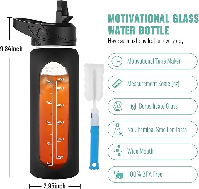 CIVAGO 24 oz Glass Water Bottle with Straw, Large Motivational Water Jug | Time Marker, 2 Leakproof Lids, Wide Mouth, Water Flask Cup with Handle and Silicone Sleeve, for Gym, Sports, Juices, Army