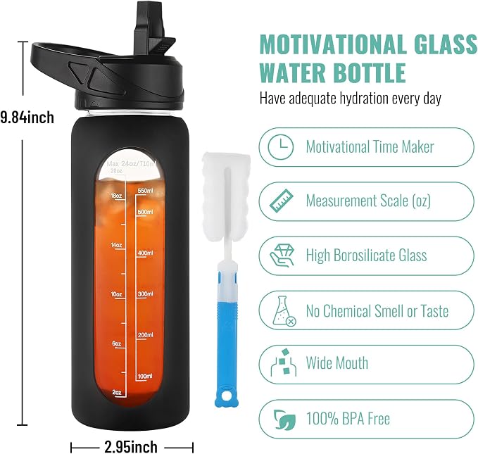 CIVAGO 24 oz Glass Water Bottle with Straw, Large Motivational Water Jug | Time Marker, 2 Leakproof Lids, Wide Mouth, Water Flask Cup with Handle and Silicone Sleeve, for Gym, Sports, Juices, Navy