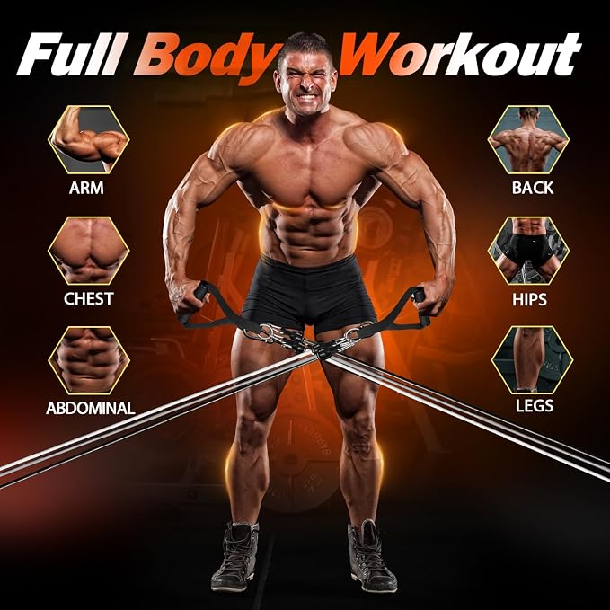 WHATAFIT Resistance Bands with Handles, 5-Level Exercise Bands for Workout | Natural latex,10-50 lbs, stackable to 150,Ankle Straps, Door Anchor,Guide. For Strength, Yoga,Home Gym,Travel & Workout.