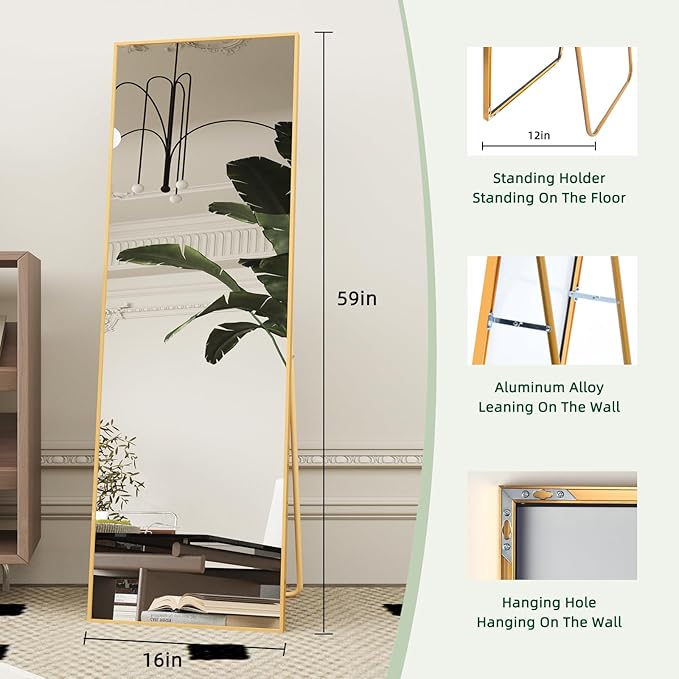 Beauty4U 59" x 16" Full Length Mirror with Stand, Gold Floor Mirror | Standing, Leaning, or Wall-Mounted Tempered Glass Full Body Mirror with Metal Frame for Bedroom, Closet, Modern Home Decor