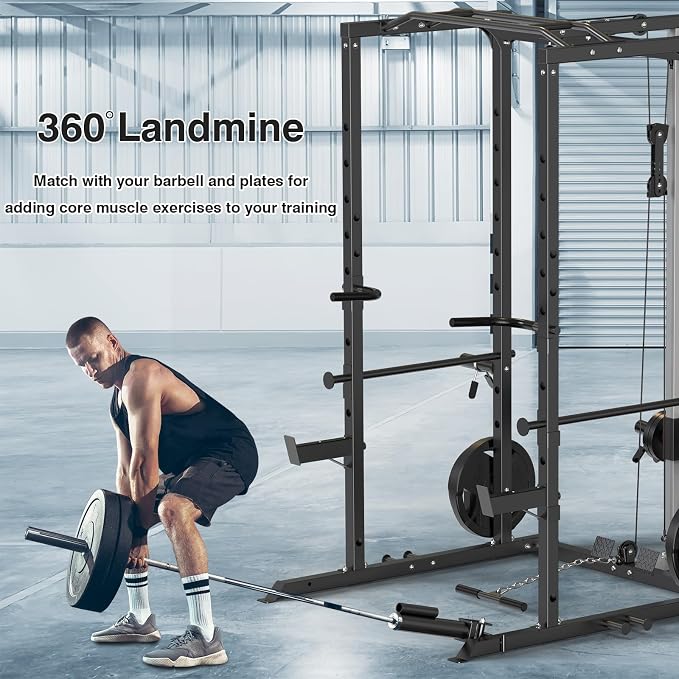 ULTRA FUEGO Power Cage, Multi-Functional Power Rack with J-Hooks, Dip Handles, Landmine Attachment and Optional Cable Pulley System for Home Gym