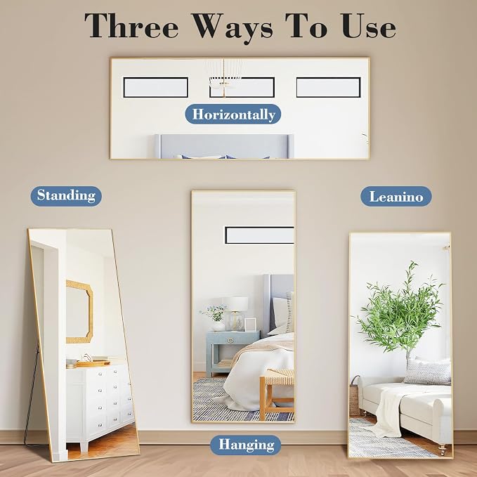 NEWBULIG 56"x15" Full Length Mirror, Full Body Standing Mirror, Gold | Leaning or Standing, Tempered Glass, Aluminum Alloy Thin Frame Floor Stand for Bedroom, Cloakroom