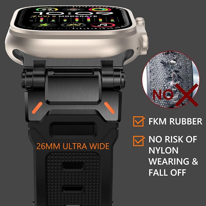 WINGLE FKM Rubber Bands for Apple Watch Band Ultra 3/2/1 Band Ultra 49mm Series 11 10 46mm 45mm 44mm 42mm SE 3/2/1 9 8 7 6 5 4 3 Men, Military Rugged Metal Connector Silicone Apple iWatch Sport Bands