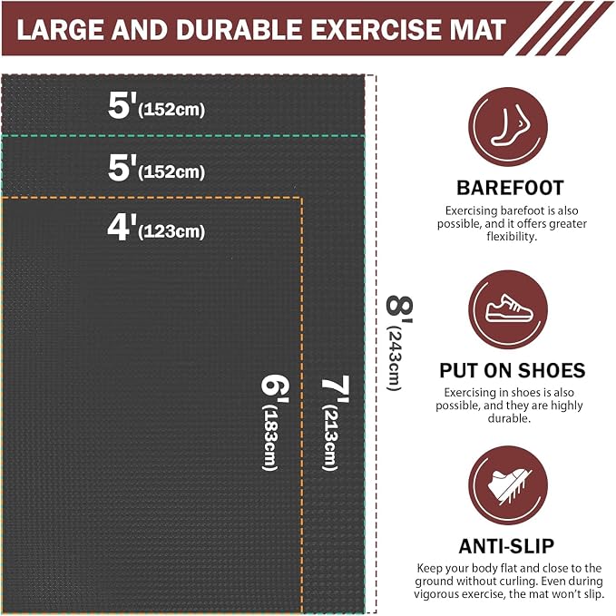 Stepwaver Extra Large Exercise Mat, 6'x4'/ 7'x5'/ 8'x5' / 9'x5'/ 10'x5' (6mm) Thick Workout Mat for Home Gym & Garage Flooring, Shoe-Friendly, Non-Slip, Ultra Durable, Thick Large Workout Mats for Home Workouts
