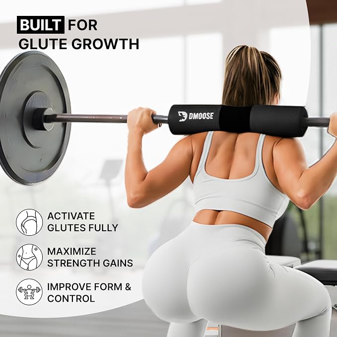 DMoose Fitness Barbell Pad for Hip Thrust, Squat & Lunges - Non-Slip Thick Foam Cushion for Neck and Back Support with Two Straps - Hip Thrust Pad for Leg Day - Fits All Olympic Bars and Smith Machine