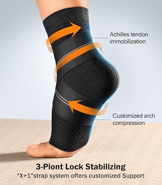 Flat Knitting Ankle Brace For Women&Men, 7-Zone Dynamic Compression Sleeve w/Flex Strap,Foot Support For Sports, Sprained Ankle, Achilles Tendonitis, Plantar Fasciitis Relief(Pack of1)XL, Black
