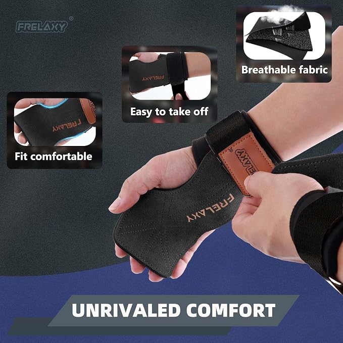 Frelaxy Lifting Wrist Straps for Women and Men, Weight Lifting Grips | Double-layer leather, Cushioned wrist support, Durable construction, Storage pouch, Deadlifts, rows, lat pulldowns