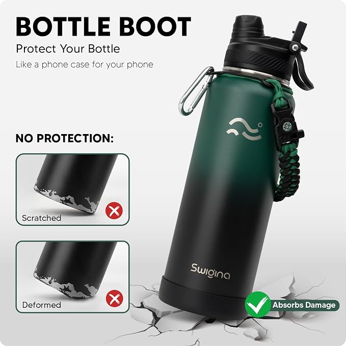 Swigina Insulated Water Bottle with Silicone Boot (36hrs Cold/18hrs Hot) - DIY Stickers, [2-in-1 Lid], BPA Free, 40 oz