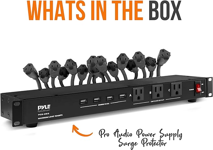 Pyle 19 Outlet 1U 19" Rackmount PDU Power Distribution Supply Center Conditioner Strip Unit Surge Protector 15 Amp Circuit Breaker 4 USB Multi Device Charge Ports 15FT Cord, Black - PCO865 | 15 Amp Circuit Breaker - 4 USB Ports - 15FT Cord - Power Supp...