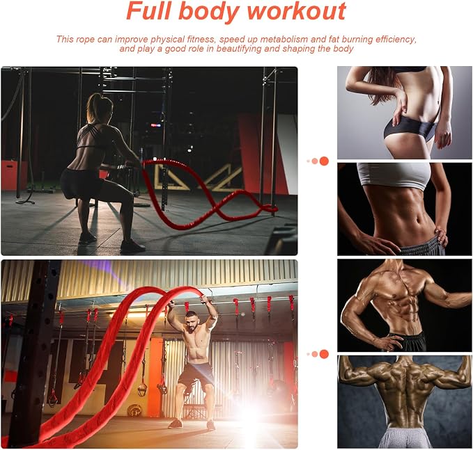 Battle Ropes for Home Gym Exercise - 1.5 Inch Diameter 30FT Red Battle Rope Workout Exercise Training Ropes with Protective Sleeve for Kids Men Women Exercise Fitness & Strength Training