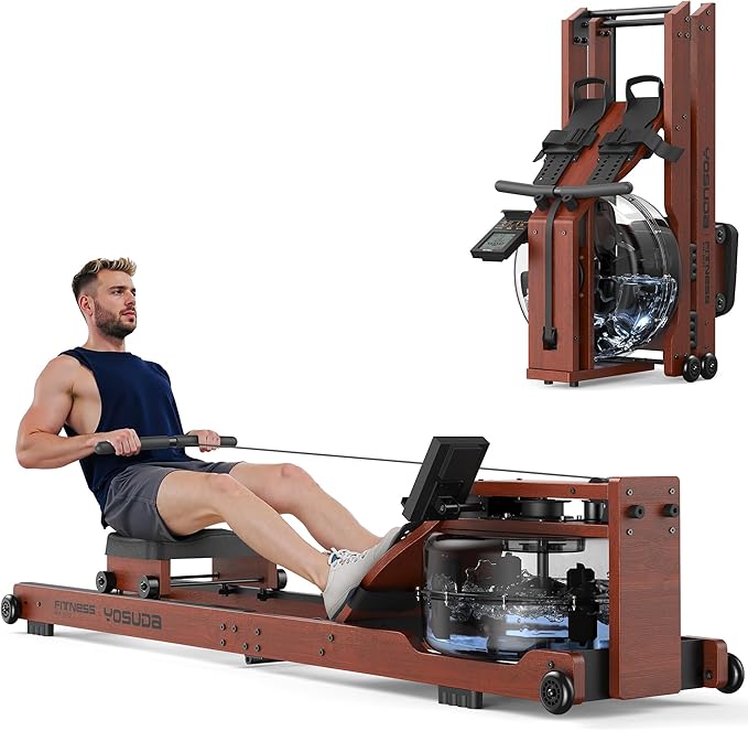 YOSUDA Water Rowing Machines for Home Use - Wooden Foldable Immersive Water Rower Machine 400LBS Weight Capacity with Dedicated Monitor & Bluetooth APP, Large Tank, Comfortable Seat