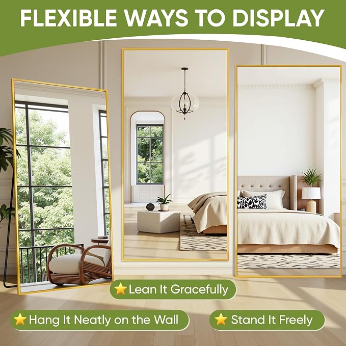 Full-Length Floor Mirror with Stand, 78"x38" Rectangle Style Full Body Standing Mirror for Bedroom, Living Room, Gym, Dorm - Shatter-Resistant & Easy Assembly, Gold