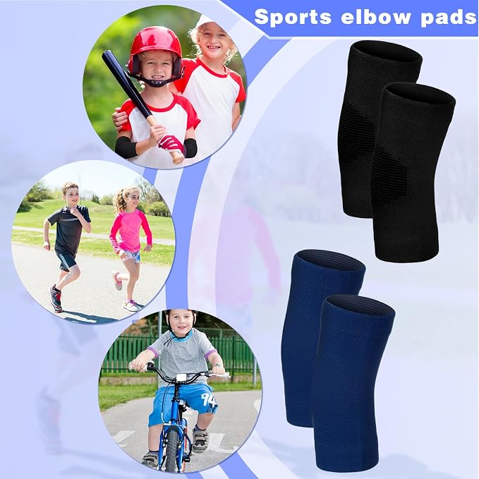 Lenwen 4 Pairs Kids Elbow Brace Compression Arm Elbow Sleeve Knit Guard Gym Protectors for Boys Teen Children Girls Basketball Volleyball Tennis Cycling(5-10 Years,Black, Dark Blue)