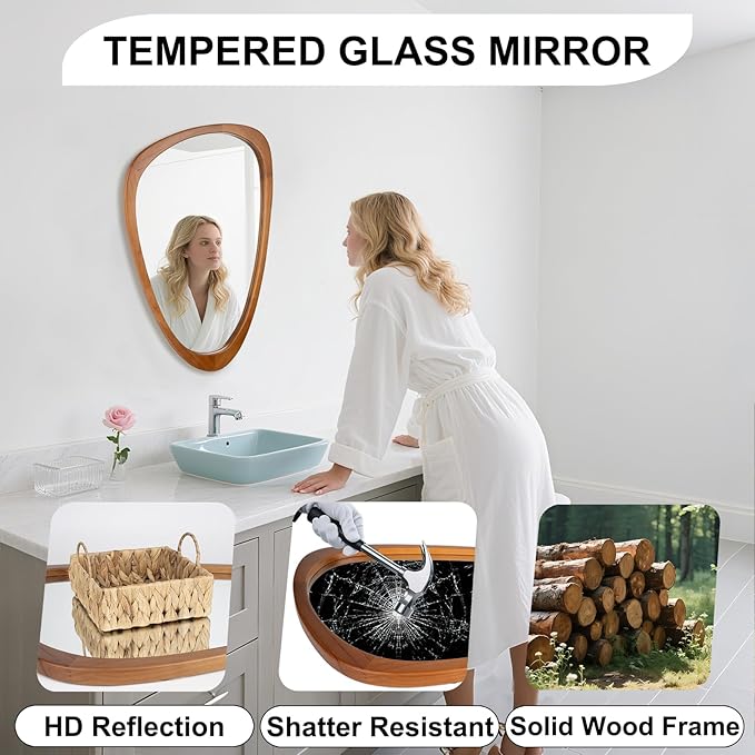 Irregular Wall Mirror Asymmetrical Bathroom Mirror, Wall Mounted Decorative Mirror with Wooden Frame for Living Room, Vanity, Bedroom, Entryway, Hallway (19" x 30")