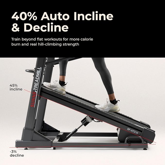 Sunny Health & Fitness Smart Treadmill Intensive Quiet Auto Incline/Decline | Commercial Level | Extreme Auto Incline | Decline Capabilities | Shock Absorbing | Pre-Program Workout | Multi-Grip Handrail