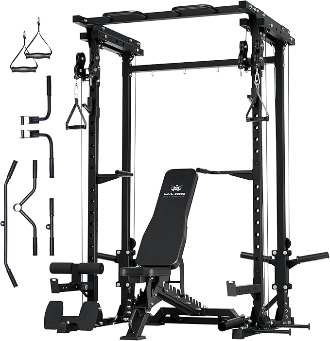 MAJOR FITNESS Drone3 Power Rack, 2500lbs Multi-Function Home Gym Squat Rack with Dual Pulley System, Pull-Up Bar & J-Hooks, Heavy-Duty Steel Frame for Maximum Stability & Strength Training