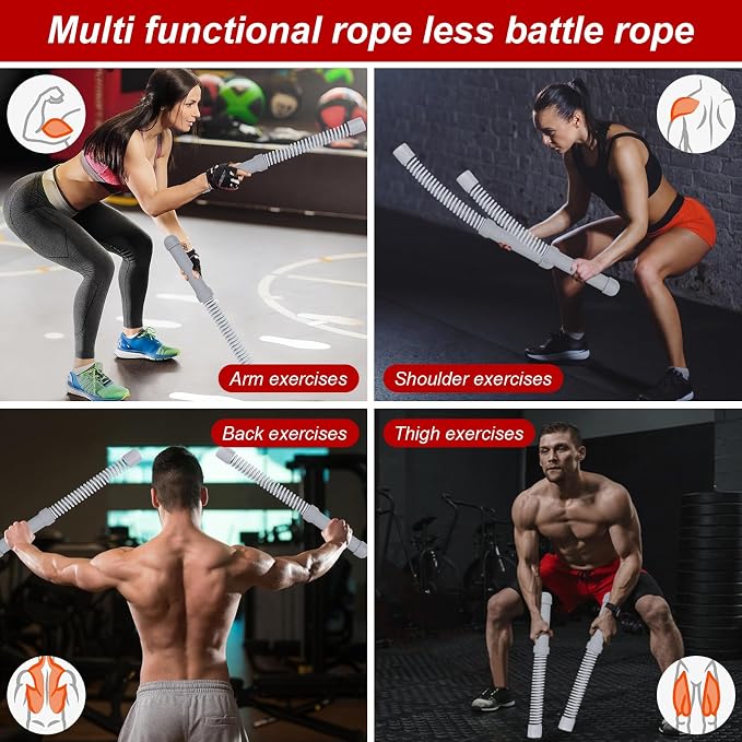 Ropeless Battle Ropes for Home Gym with Non-Slip Gloves, 2Pcs Portable Cordless Home Gym Equipment，Weighted Ropeless Battle Ropes for HIIT Workouts, Cardio, Muscle Training (Grey)